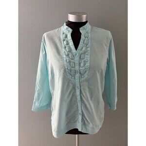 Caribbean Joe Blouse Size M Aqua Blue SemiSheer Lightweight Coastal Beach Jewels